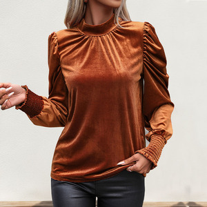 Autunno donna abbigliamento donna trendy maniche a sbuffo camicette di velluto casual per donne top 2024 <span class=keywords><strong>arancione</strong></span> bruciato - Product Image 1