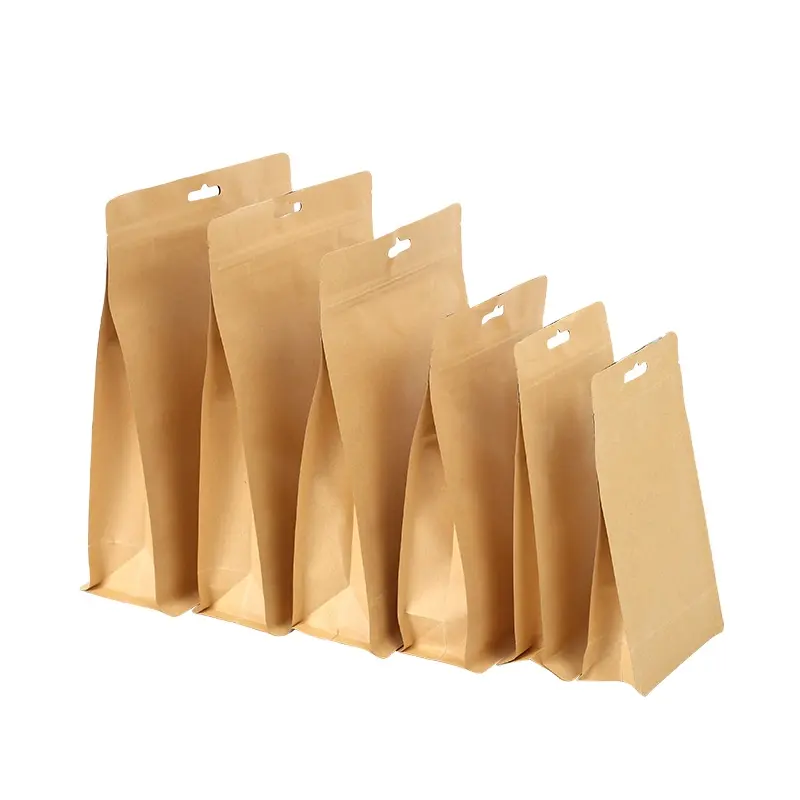 Eight Side Seal Kraft Paper Aluminized Bag With Handle Ziplock Kraft Paper Bag Food Packaging Bag For Snack Candy Tea
