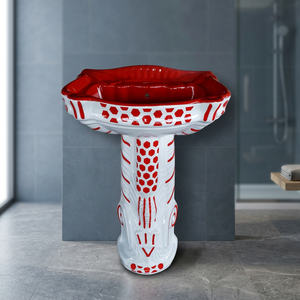 Lavabo majestuoso de cerámica roja de calidad de exportación, juego de pedestal con estampado de flores, lavabo, diseñador, China, India - Product Image 1