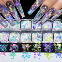 Glitter Kuku Logam Iridescent Mermaid Flake Tahan Air, Sequin Warna-warni Fluorescent Holografik, Stiker Kuku Bentuk Hati