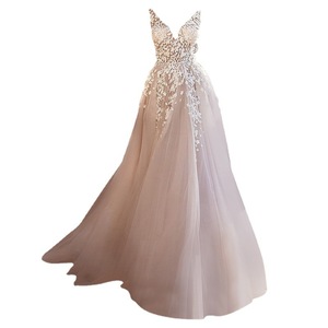 French Style V-neck A-line Tulle Wedding Dress White Floral Print Natural Waistline Floor Length Bridal Gown for Outdoor - Product Image 5