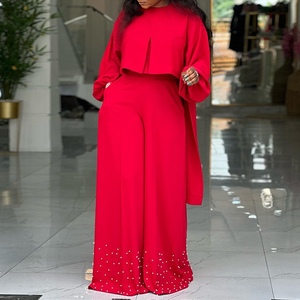 Conjunto de 2 Piezas para Mujer: Blusa de Cuello Redondo con Mangas Irregulares y Pantalones Anchos con Cuentas - Product Image 6