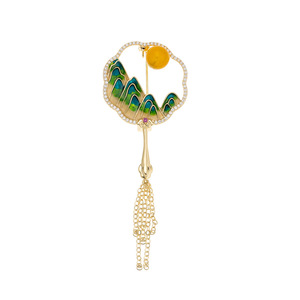 Muyu Traditional Chinese Style Mountain River Moon Fan Brooch Enamel Tassel Women's Cheongsam Accessory - Product Image 5