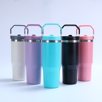 Vente en gros de gobelets isothermes en acier inoxydable de 30 oz avec poignée de transport et couvercle, à double paroi, isolés sous vide, pour la voiture et le camping