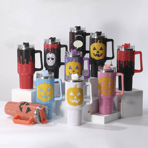 Custom Logo 40oz Bling Drinking Cup Travel Mug Insulated Water Bottle Halloween Pumpkin Rhinestone Tumbler <b>Straw</b> Stainless Steel - Product Image 5