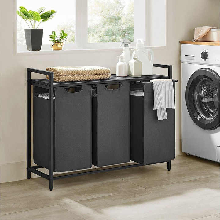 Factory Custom Hot-selling Laundry Basket Foldable Metal Oxford Cloth Storage 3 Pull-Out Removable Bags Basket Laundry