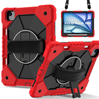 Étui robuste pour iPad Air 11 M3 2025 M2 2024 avec support rotatif à 360°, dragonne, bandoulière et porte-stylet – Rouge et Noir