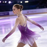 Robe de patinage artistique violette et blanche à col montant, manches longues en maille, ornée de strass, pour enfants et adultes, pour compétition et spectacle