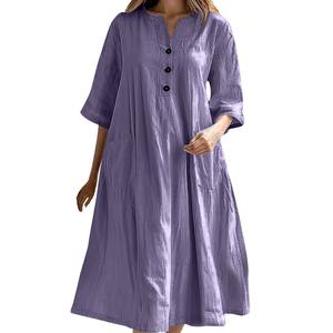 <span class=keywords><strong>Vestido</strong></span> de Mujer 2025 de Algodón y Lino con Cuello en V, Botones, <span class=keywords><strong>Media</strong></span> <span class=keywords><strong>Manga</strong></span>, Alta Calidad, Talla Grande, Holgado, con Bolsillos, Informal y Moderno - Product Image 4