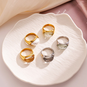 Stainless Steel <b>Titanium</b> <b>Ring</b> Imitation Pearl Resin Geometric Design Tension Setting For Women - Product Image 1