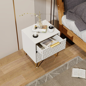 Nightstand With <b>2</b> <b>Drawers</b> Gold Legs 3D Embossed Design Modern Bedroom <b>Storage</b> Cabinet For Bedside Use - Product Image 4