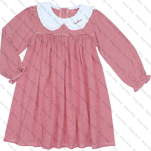 Vendita all'Ingrosso di Abiti Natalizi a Righe Rosse per Bambine e Tutine per Bambini con Maniche Lunghe a Palloncino e Dettagli Traforati - Product Image 3