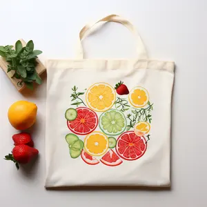 新款天然批发定制水果印花再生棉帆布手提包购物袋