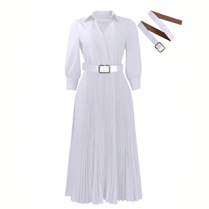 White Pleated Midi <b>Dress</b> Turn-down Collar Three Quarter <b>Sleeve</b> A-Line Woven Casual <b>Summer</b> <b>Dress</b> - Product Image 2