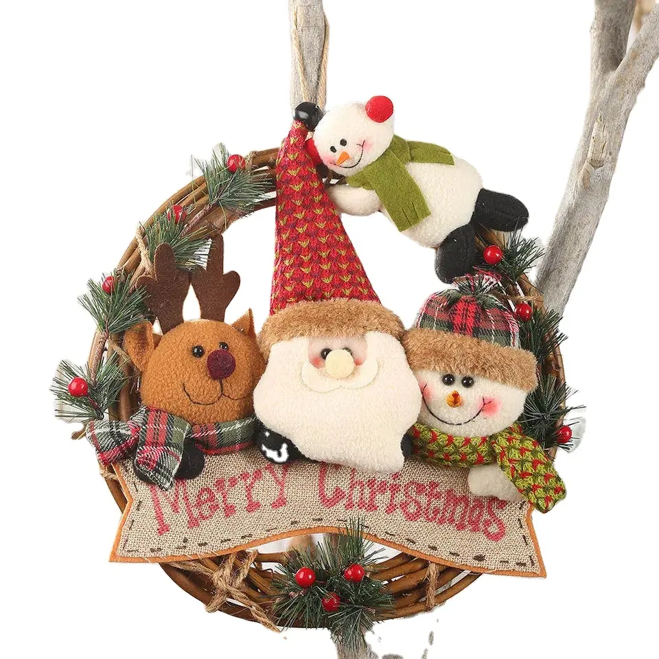 Christmas Wreath With 4 Plush Dolls Front Door Garland Holiday Hanging Pendant Ornaments For Home Kitchen Wall Window Dolls