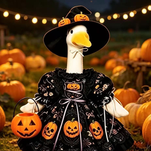 Costume de sorcière pour oie de porche d'Halloween avec imprimé citrouille, vêtements de cosplay pour statue de 23 pouces, décoration de fête de jardin, tenues pour oie de porche - Product Image 5