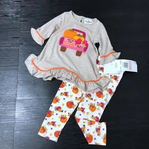 1-8 Years Kids Girl Ruffle Sleeves Thanksgiving Pumpkin Turkey Clothing Set