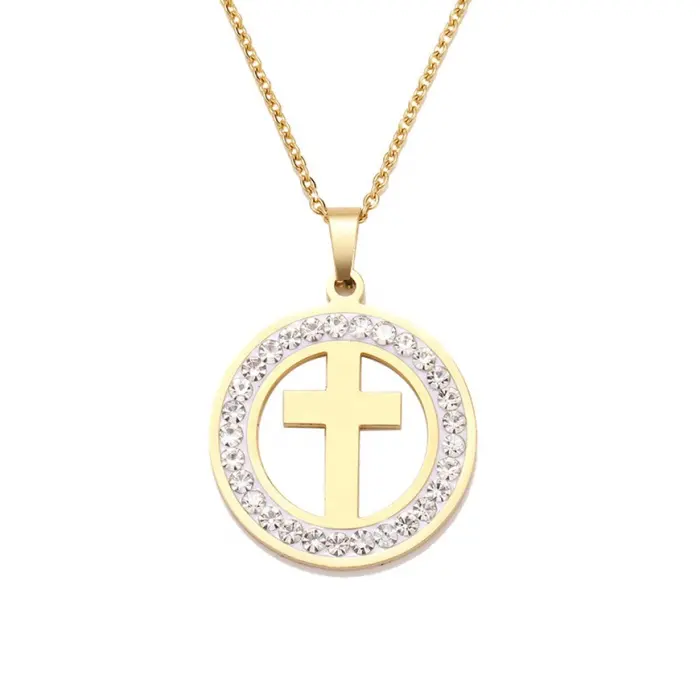 Cross in round shape crystal pave trendy women vintage fashion wholesale stainless steel crystal cross pendant with chain