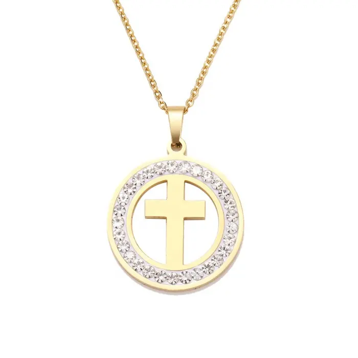 Cross In Ronde Vorm Crystal Pave Trendy Vrouwen Vintage Mode Groothandel Rvs Crystal Cross Hanger Met Ketting