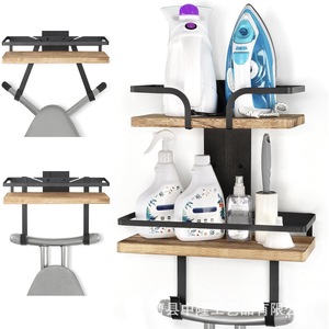 Wall Mounted Ironing Board Holder Wooden <b>Shelf</b> With Iron <b>Hook</b> Organizer Rack For Laundry Room Storage Punch Free Installation - Product Image 1
