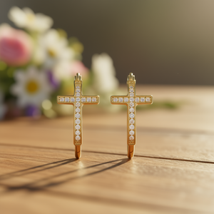 Pendientes de Aro Cruzados E4230, Chapados en Oro, con Cristales Redondos en Canal, Joyería Religiosa Unisex de Moda - Product Image 2