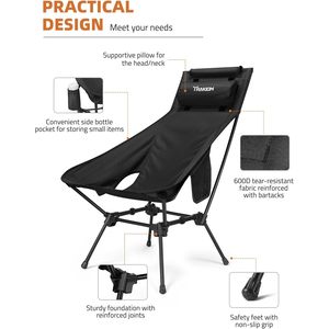 Chaise de camping pliante Trakiom à dossier haut, en aluminium noir et tissu Oxford, légère et portable, avec appui-tête réglable - Product Image 3