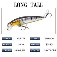 Leurre de pêche Minnow à queue longue de 10 cm en ABS, 9g, flottant, crankbait wobbler avec yeux 3D réalistes pour eau salée et lac