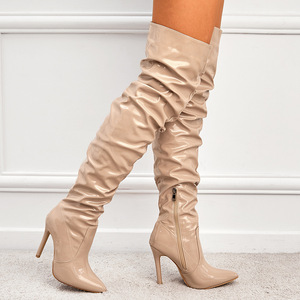 Botas altas de charol para mujer con punta, tacón de aguja, fruncidas, por encima de la rodilla, con cremallera lateral, calzado de fiesta - Product Image 4