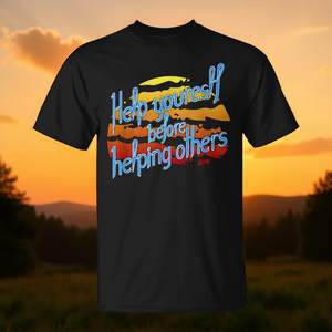 T-shirt Summer Sunset: Aiuta te stesso prima di aiutare gli altri – Design motivazionale, unisex, girocollo, manica corta, stampa digitale - Product Image 2