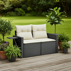 Canapé de jardin noir deux places avec coussins crème, mobilier d'extérieur en rotin, design contemporain durable - Product Image 2