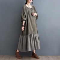 Robe longue en coton et lin patchwork, style chic français, ample et oversize, manches lanternes, élégante, grande taille, collection automne 2026, vente en gros