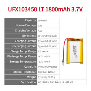 Ufx103450 טמפרטורה נמוכה 3.7v 1800mah סוללה נטענת ליתיום יון עם kc un38.3 רוים ו ul1642 cb הסמכה - Product Image 2