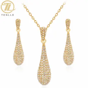 Fashion Alloy Gold Plated Volledige Diamond Water Drop Shape Lange Hanger Ketting Oorbellen 2 Stuks Set Afrikaanse Dubai Gouden Sieraden sets