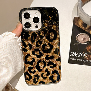 เคสโทรศัพท์กากเพชรลายเสือดาวสีดำรูปใบไม้สีทองมีสไตล์สำหรับ <span class=keywords><strong>iPhone</strong></span> 16 15 14 13 PRO MAX เคสด้านหลังลายสัตว์กันกระแทก - Product Image 1