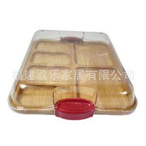 Plato de bambú para cena con asa transparente y tapa, plato de queso para picnic con compartimentos con cierre a presión, caja para comida preparada, queso - Product Image 5