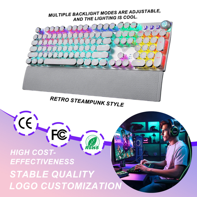 Retro Steampunk Gaming Mechanical Keyboard Metal Panel Black Switches LED Backlit,USB Wired,Hand Rest