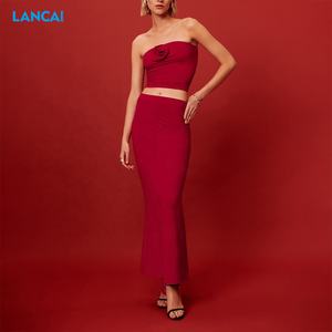 Top de tirantes de verano con vestido largo rojo de cintura alta Conjunto sexy sin mangas sólido ajustado de dos piezas Midi - Product Image 2