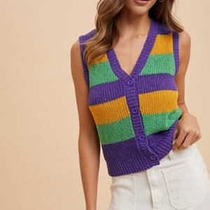 Tùy Chỉnh Bán Buôn Mardi Gras Của Phụ Nữ Mùa Hè Sọc V Cổ Áo Len Đan <span class=keywords><strong>Tank</strong></span> Tops Nhà Sản Xuất - Product Image 2