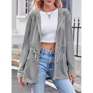 Sweat-shirt à capuche zippé pour femme, coupe oversize, manches longues, taille à cordon de serrage, fentes latérales, style tunique, tenue décontractée - Product Image 3