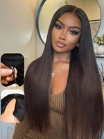 Perruque demi-tête Yaki en cheveux humains brésiliens vierges, 26 pouces, brun châtain, HD, sans colle, à clips, bord sans couture, sans démarcation, pour débutantes