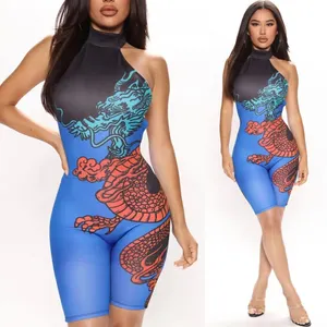 202429220 Special Print Rompers Chinese Dragon Print Ladies Jumpsuit Halter Backless Sexy Jumpsuits