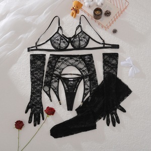 5-delige kanten lingerieset met lange handschoenen, dijhoge kousen, O-ring kousenbandoutfit, zwart S-L - Product Image 6