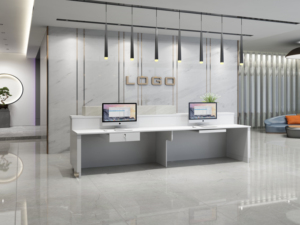 Mostrador de Recepción Moderno para Salón de Belleza, Color Blanco Dorado, Diseño Redondo, Mueble Elegante para Recepción - Product Image 3