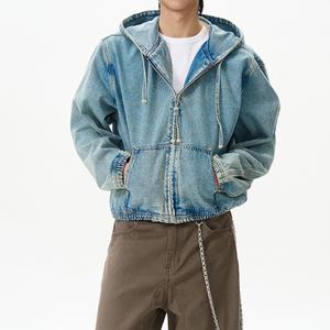 Sudadera con Capucha de Mezclilla Azul Casual para Hombre, Lavado Desgastado, 100% Algodón, Chaqueta Corta Vintage de Alta Calidad - Product Image 1