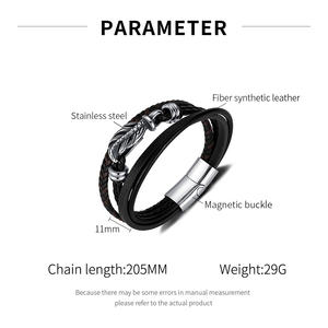 Benutzer definierte Herren Edelstahl Feder Charm <span class=keywords><strong>Black</strong></span> Layers Leder Armband mit Schnalle - Product Image 6
