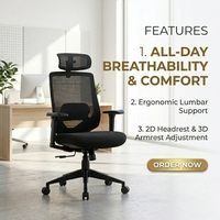 Chaise de bureau ergonomique en maille à dossier haut, pivotante, pour ordinateur, avec soutien lombaire et accoudoirs réglables