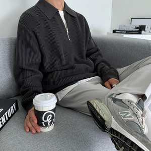 Áo len nam dệt kim có khóa kéo, có thể tùy chỉnh, OEM, thêu tùy chỉnh, chất liệu dệt kim có vân, kiểu áo polo - Product Image 1