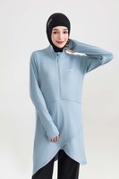 Ensemble de vêtements de sport modestes bleu clair avec logo personnalisé OEM, vêtements de sport pour femmes musulmanes, haut long et pantalon pour la remise en forme
