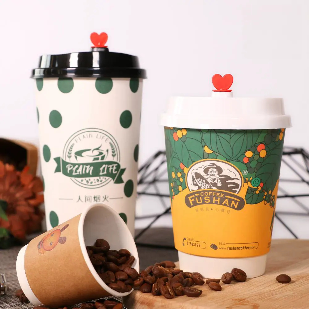 PLA Disposable Biodegradable Custom Printed Single Double Wall 12 16 20oz Craft Paper Cup and Lids Coffee Hot Drinks Beverage