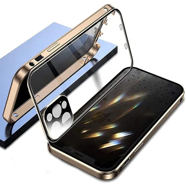 Hot! Metal Anti Peep Magnetic Privacy Double-sided Buckle Cover All-inclusive Tempered Glass Phone 360 Full Body Case For IPhone